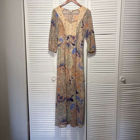 Anthropologie Meadow Rue Oswengo Crochet Maxi Dress Cream and Blue Size XS - Picture 1 of 7